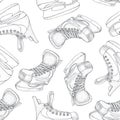 Winter holidays seamless pattern with ice skates cartoon sketch. Ice hockey skates. Hand drawn vector illustration isolated on