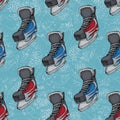 Winter holidays seamless pattern with ice skates cartoon sketch. Red and blue Ice hockey skates. Vector illustration with sports