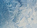 Winter Holidays Season Fantasy World Concept: Macro Image Of A Blue Frosty Window Glass Natural Ice Patterns With Copy Space Royalty Free Stock Photo