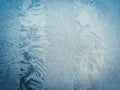 Winter Holidays Season Fantasy World Concept: Macro Image Of A Blue Frosty Window Glass Natural Ice Patterns With Copy Space Royalty Free Stock Photo