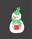 Winter holidays snowman. Cheerful snowmen in different costumes. Snowman chef, magician, snowman with candy and gifts. Royalty Free Stock Photo