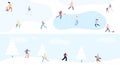 Winter holidays. Tiny people walking in snow park, skiing and skating. Christmas and new year, snowy forest with sport Royalty Free Stock Photo