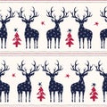 Winter Holidays Vector Seamless Pattern, Black Hand-Drawn Deer, Fir Trees, Horizontal Stitch Stripes on White Background Royalty Free Stock Photo