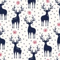 Winter Holidays Vector Seamless Pattern, Black Hand-Drawn Deer and Snowflakes on White Background