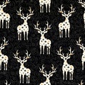 Winter Holidays Vector Seamless Pattern, White Starry Deers, Hand-Drawn Doodle Swirls, Swashes on Chalk Black Background