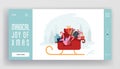 Winter Holidays Website Landing Page. Merry Christmas Happy New Year Greetings. Santa Claus Helper Girl Riding Sledge