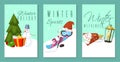 Winter holidays and weekends set of banners, cards vector illustration. Nature landscape with Christmas tree, snowmen Royalty Free Stock Photo