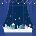 Winter Holidays Window Decorations. Snowy Town at Night. Vector Design Royalty Free Stock Photo