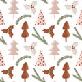 Winter holly tree, fir branches and simple Christmas trees seamless pattern