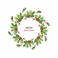 Winter holly wreath. Christmas round frame. Red berries on holly branches and snowflakes. Holiday Royalty Free Stock Photo