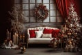 Winter home decor. Christmas rustic interior. Farmhouse decorating style. AI generated Royalty Free Stock Photo