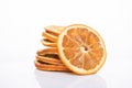 Winter home decoration concept. Photo of stack of dried orange slices isolated on white background