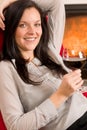 Winter home fireplace woman glass red wine Royalty Free Stock Photo