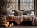 Winter home interior, cozy warm house decoration for cold seasonal holidays, room decor with sofa, pillows and soft