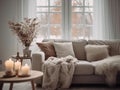 Winter home interior, cozy warm house decoration for cold seasonal holidays, room decor with sofa, pillows and soft