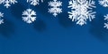 Winter horizontal blue background with white paper kirigami snowflakes