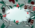 Winter horizontal card with frame, berries, cone, fir tree on wooden texture background. Design for Christmas and New Year