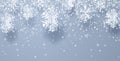 Winter horizontal silver background with white paper kirigami snowflakes