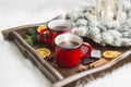 Winter Hot Chocolate Cups With Lantern And Winter Spices