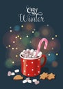 Winter hot chocolate red cup marshmallow. Cozy winter lettering. Christmas greeting card design element Royalty Free Stock Photo