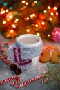 Winter hot drink christmas background.Holiday cocoa cup home gingerbread cookie on a table. Xmas beverages concept.New year cocoa Royalty Free Stock Photo