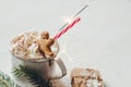 Winter hot drink with gingerbread men cookie, sparkler and christmas decoration on the wooden white table Royalty Free Stock Photo