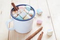 Winter hot drink. Hot chocolate with marshmallows. Pastel colour tone Royalty Free Stock Photo