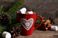 Winter hot drink-hot chocolate with marshmallows in a red bowl Royalty Free Stock Photo