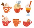 Winter hot drinks set. Cozy holidays. Christmas beverages collection. Cocoa mug with cream, cinnamon, coffee mug, tea, hot