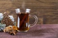 Winter Hot Tea With Cinnamon, Anise, Chocolate Shaped Christmas Tree And Christmas Tree Branch On Wood Brown Background