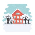 Winter house. Autumn house. Family suburban home. Vector flat illustration.