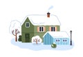 Winter house and barn, roofs covered with snow, smoke from chimney. Country home building outdoor in frost, cold snowy