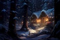 Winter House, cabin, in the snowy winter Forest, background image, winter landscape