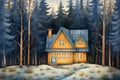 Winter House, cabin, in the snowy winter Forest, background image, winter landscape