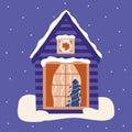 Winter house. Christmas tree in the window vector Royalty Free Stock Photo