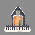 Winter house. Christmas tree in the window vector Royalty Free Stock Photo