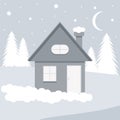 Winter house or cottage in the countryside, near fir trees, in gray tones. Night Christmas winter landscape. Cute cozy vector Royalty Free Stock Photo