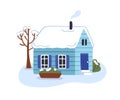 Winter house, country home, roof covered with snow. Wooden rural cottage, smoke from chimney in cold snowy season. Small