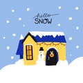 Winter house. Cute homes in snow, forest cozy cottage or townhome with snowy roof, christmas poster, print or card, hello snow