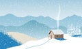 Winter with house, distant mountains, skies, snow, Snow flurry, sun light, chimney smoke, forest, ski run. Snow flurry, Fir tree. Royalty Free Stock Photo