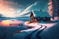 Winter house lake mountain holiday season. Snowy background cozy countryside Christmas Generative AI