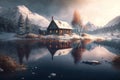 Winter house lake mountain holiday season. Snowy background cozy countryside Christmas Generative AI