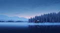 Winter House On A Lake: Serene And Peaceful Ambiance In Dark Sky-blue And Light White