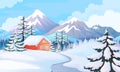Winter house landscape. Rural scene with snowy mountains, spruce trees and wooden house. Vector winter holiday