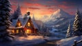 Winter house in the mountains with a fire in the fireplace, AI