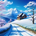 a winter house in the painted in the style of anime and technology