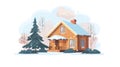 Winter house with roof, trees, fireplace and smoke. Wooden rustic home in cold weather. Flat modern illustration Royalty Free Stock Photo