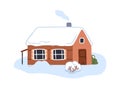 Winter house with smoke from chimney, roof covered with snow. Country home, rural wooden building outside in cold