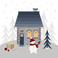 Winter house in snow with noel tree, snowman, present, decorations, candy cane and lights. Christmas vector illustration