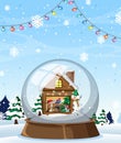 Winter house and snowman in snowdome